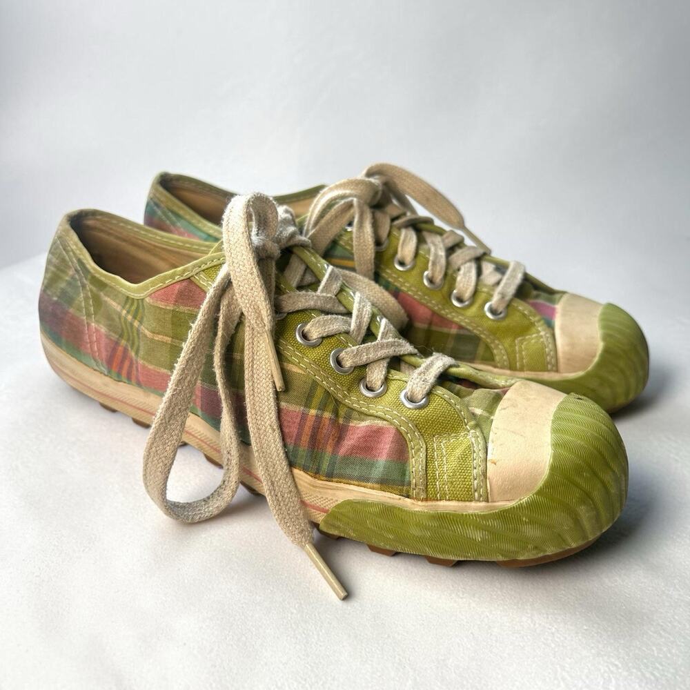 PF Flyers Low Top Sneakers Womens 8 Medium Pastel Plaid Pink Green Blue Lace Up